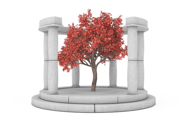 Fantasy Beautiful Autumn Red Tree im Zentrum von Stone Antique Podium mit Spalten auf weißem Hintergrund. 3D-Rendering