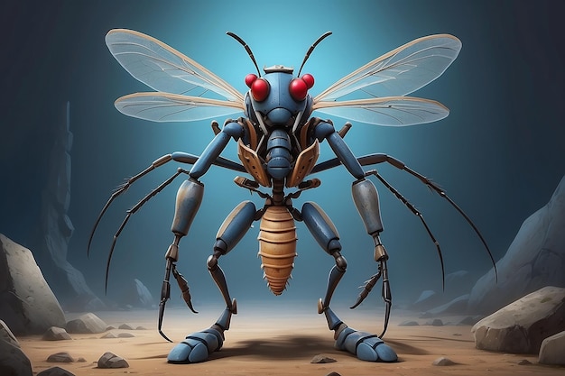 Fantasy Big Mosquito Zeichentrickfigur mit Six-Pack-Körper bereit für den Krieg mit fortgeschrittenem Waffenstand mit zwei Füßen