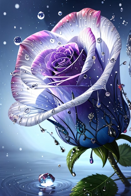 Fantasy Blue Magick Crystal Rose com salpicos de água e fundo de papel de parede de diamantes