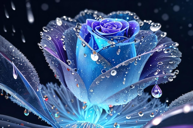 Fantasy Blue Magick Crystal Rose com salpicos de água e fundo de papel de parede de diamantes