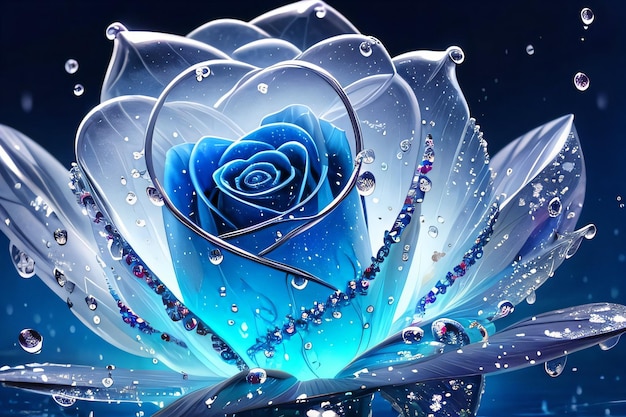 Fantasy Blue Magick Crystal Rose com salpicos de água e fundo de papel de parede de diamantes