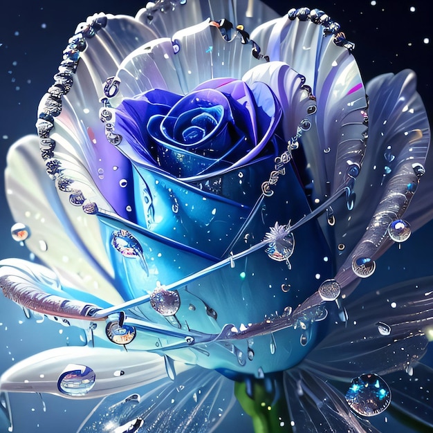 Fantasy Blue Magick Crystal Rose mit Wasserspritzungen und Diamanten-Hintergrund