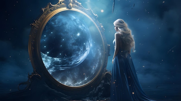 Fantasy-Buchcover-Idee eines magischen blauen Spiegels