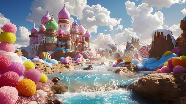 Fantasy-Candy-Landschaft mit einem wunderbaren Schloss und farbenfrohen Umgebungen Traumreich für Kindermärchen ideal für Animationshintergründe KI