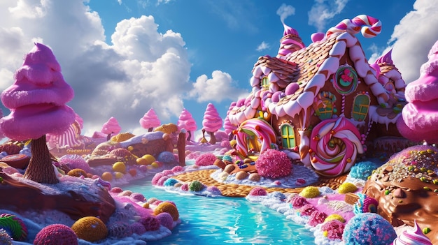 Foto fantasy candy village con el río dulce resplandeciente