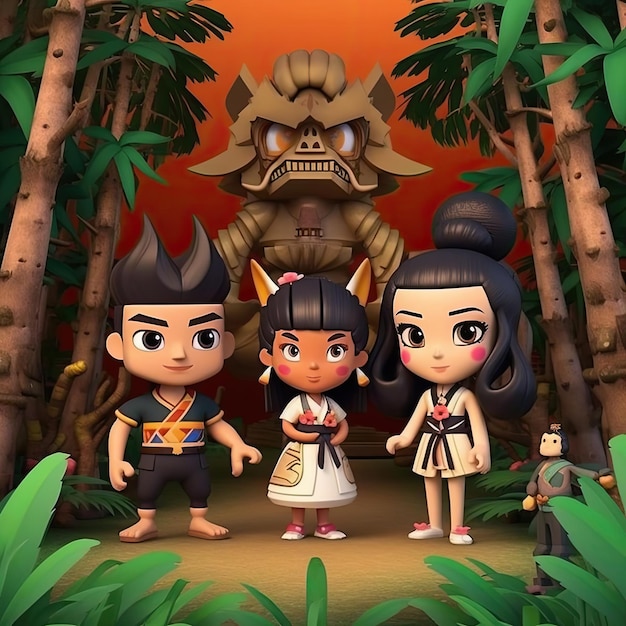 Fantasy-Charaktere im Dschungel mit wunderschönem 3D-Hintergrund