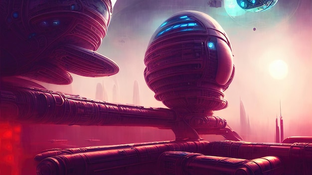 Fantasy City Raumschiffbasis legendäres Raumschiff auf einem Planeten im Weltraum Neonlichter beleuchten die Stadt der zukünftigen Science-Fiction-3D-Illustration