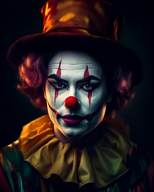 Fantasy Clown em maquiagem colorida completa e trajes coloridos clássicos