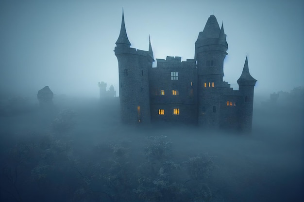 Fantasy Dark Castle mit gruseligen Türmen in der Nacht
