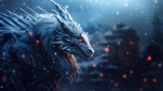 Fantasy-Drache in einem dunklen Wald mit Schnee