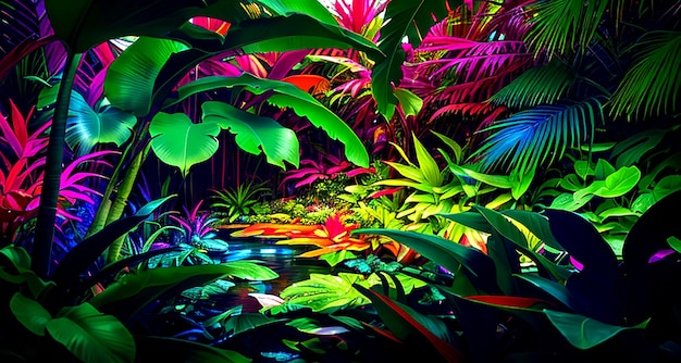 Fantasy-Dschungel-Tapete mit Bäumen und einzigartigen tropischen Pflanzen