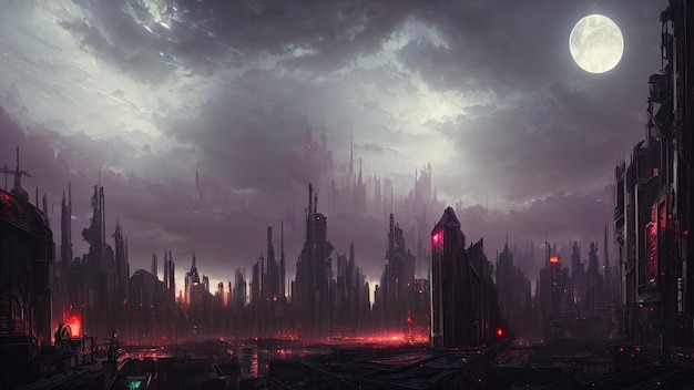 Fantasy düstere Cyberpunk-Stadt der Zukunft Futurismus riesige Gebäude leuchtende Lichter der Metropole Stadt der Technologie-Dämmerung 3D-Illustration