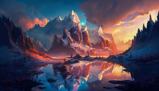 Fantasy Enchanted Mountains Landscape Vivid Scenery con un lago IA generativa