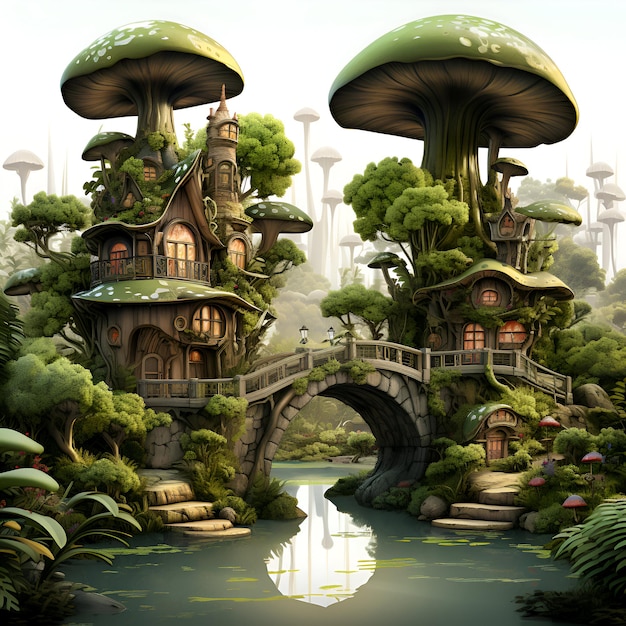 Fantasy-Fantasie-Landschaft mit Fantasy-Häusern und Teich 3d-Rendering