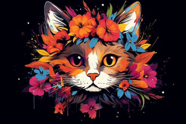 Fantasy Flowers Splash com Modern Cat Cartoon Character TShirt Design Art