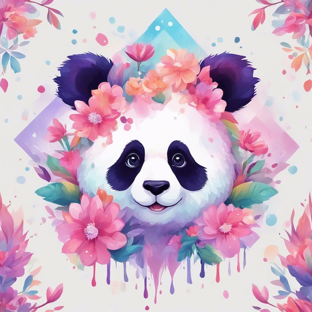 Foto fantasy flowers splash con lindo panda t shirt design art