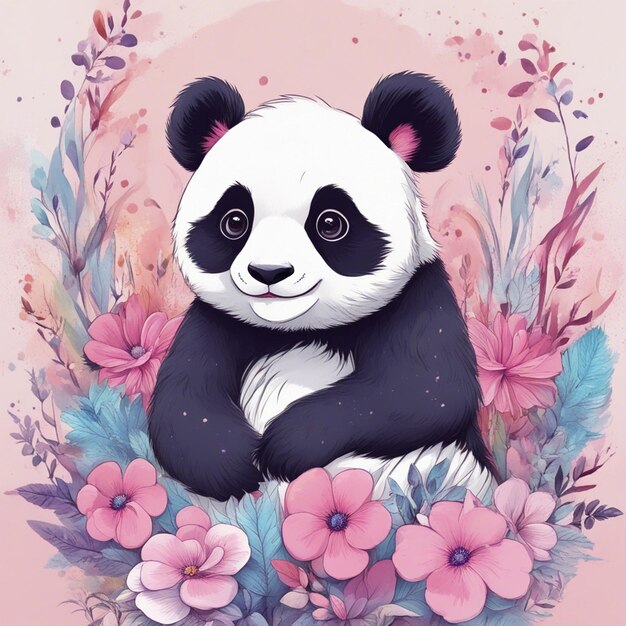 Foto fantasy flowers splash con lindo panda t shirt design art