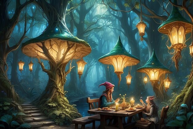 Fantasy Forest Dining Elves Árvores encantadas e comida brilhante etérea