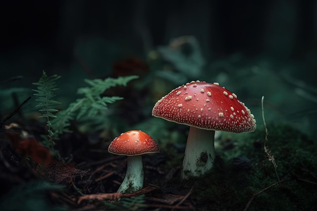 Fantasy Fungal Journey Uma visão detalhada da misteriosa floresta escura de cogumelos vermelhos e verdes