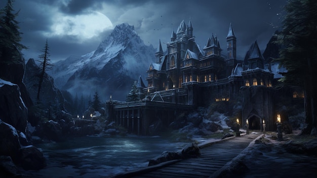 Fantasy Haunted Mountain Castle Mondlicht Hintergrund KI-generiertes Bild