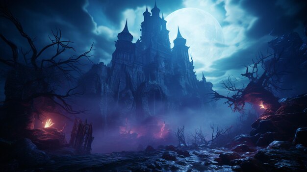 Fantasy Haunted Mountain Castle Mondlicht Hintergrund KI-generiertes Bild