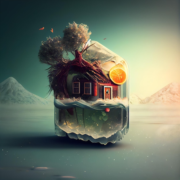 Fantasy-Haus in Eiswürfel 3D-Illustration Vintage-Stil