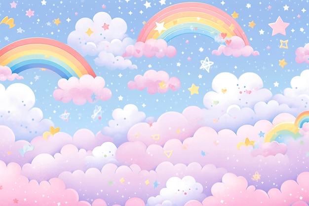 Fantasy-Himmel, Regenbogen, Feenhimmel, Regenbögen, Farben, magische Landschaft und Traumhimmel. Generieren Sie Ai