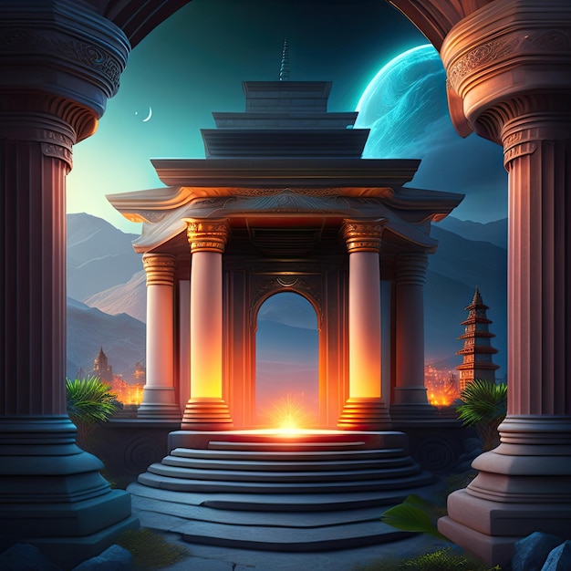 Fantasy-Hintergrund mit geheimnisvollem antiken Tempel. Digitale Kunstwerke