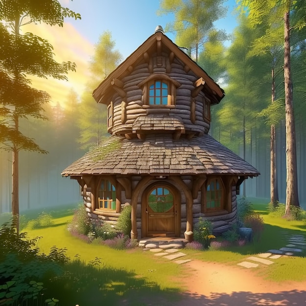 Fantasy-Hobbit-Haus im Baum im Märchenwald Generative KI