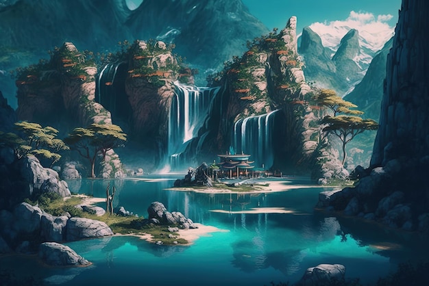 Fantasy-Insel der Welt mit Wasserfällen