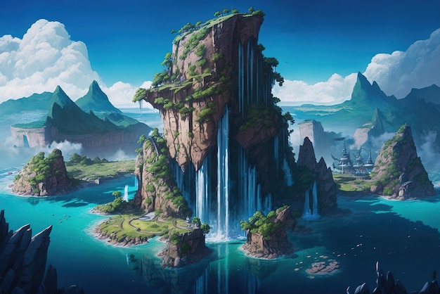 Fantasy-Insel der Welt mit Wasserfällen