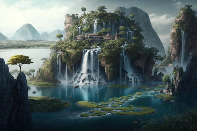 Fantasy-Insel der Welt mit Wasserfällen
