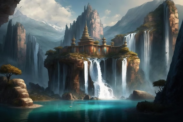 Foto fantasy-insel der welt mit wasserfällen