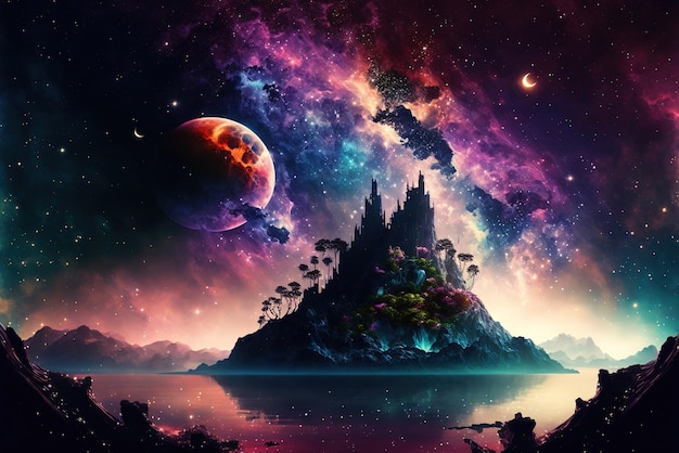 Fantasy Island of the World con Colorful Nature Galaxy