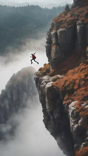 Fantasy-Konzept eine Person springt über eine hohe felsige Klippe mit einem verschwommenen nebligen weißen Hintergrund
