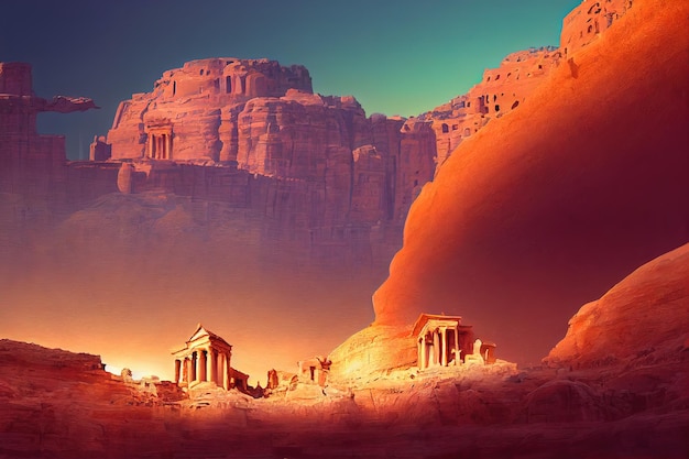 Fantasy-Konzept mit einem Petra Jordan Ein riesiger alter Tempel, der in die Klippen von Jordanien gehauen wurde