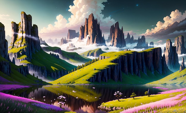 Fantasy Landschaft Hintergrund Generative KI für Illustrationen Gemälde Wandkunst Kinderbücher Märchen Generative KI