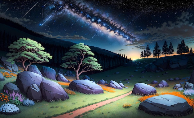 Fantasy Landschaft Hintergrund Generative KI für Illustrationen Gemälde Wandkunst Kinderbücher Märchen Generative KI