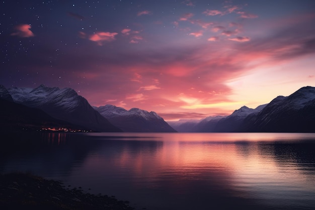 Fantasy-Landschaft mit Bergen und See bei Sonnenuntergang 3D-Rendering Hintergrundansicht eines Bergführers, der eine Gruppe von Wanderern führt KI generiert