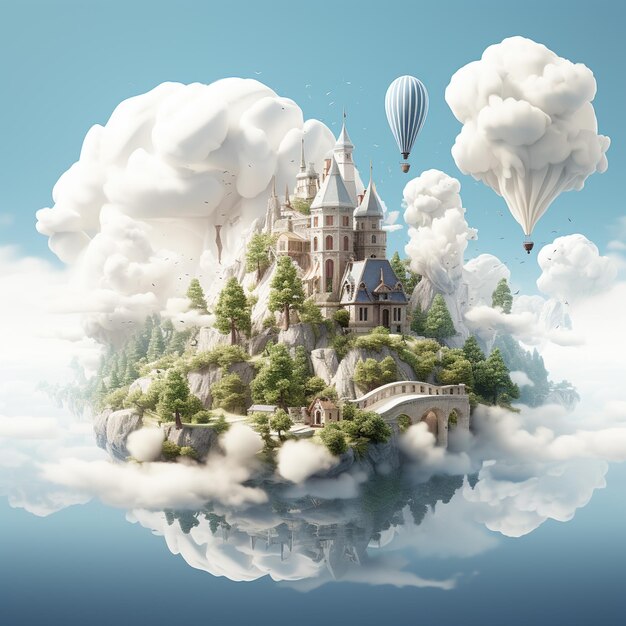 Fantasy-Landschaft mit Bonsai-Bäumen und Heißluftballon 3D-Rendering