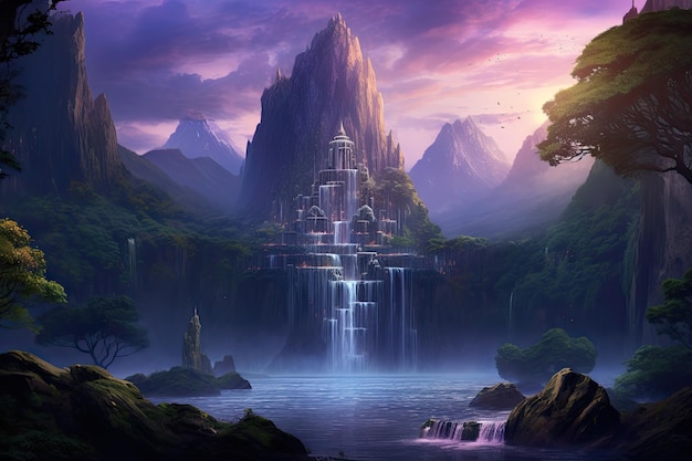 Fantasy-Landschaft mit einem Wasserfall in den Bergen 3D-Rendering AI Generated