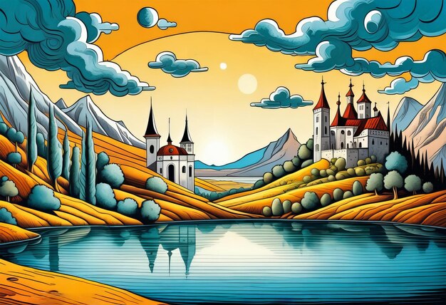 Fantasy-Landschaft mit Schloss und See Illustration erzeugt von ai