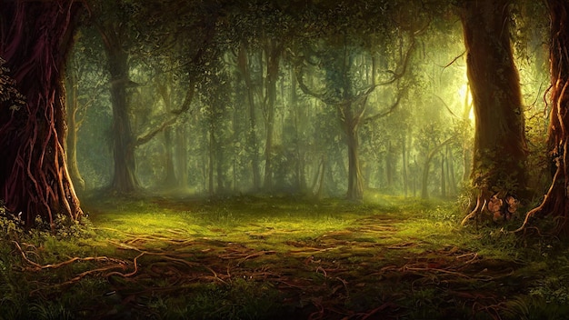 Fantasy Märchen Zauberwald sonniges Abendlicht durch die Äste der Bäume Magische Bäume in einem Waldgebiet Dunst bei Sonnenuntergang Pflanzen Moos und Gras im Wald 3D-Darstellung