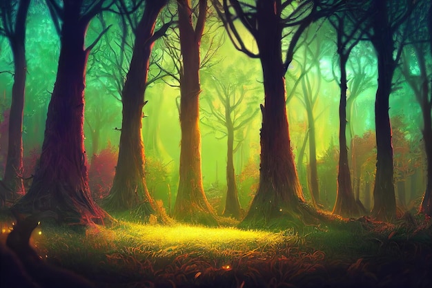 Fantasy Magischer Märchenwald Neonsonnenuntergang Lichtstrahlen durch die Bäume Digitale Kunstmalerei