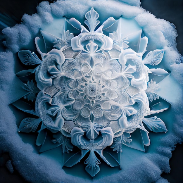 Fantasy-Mandala aus Eis im Schnee 3D-Render