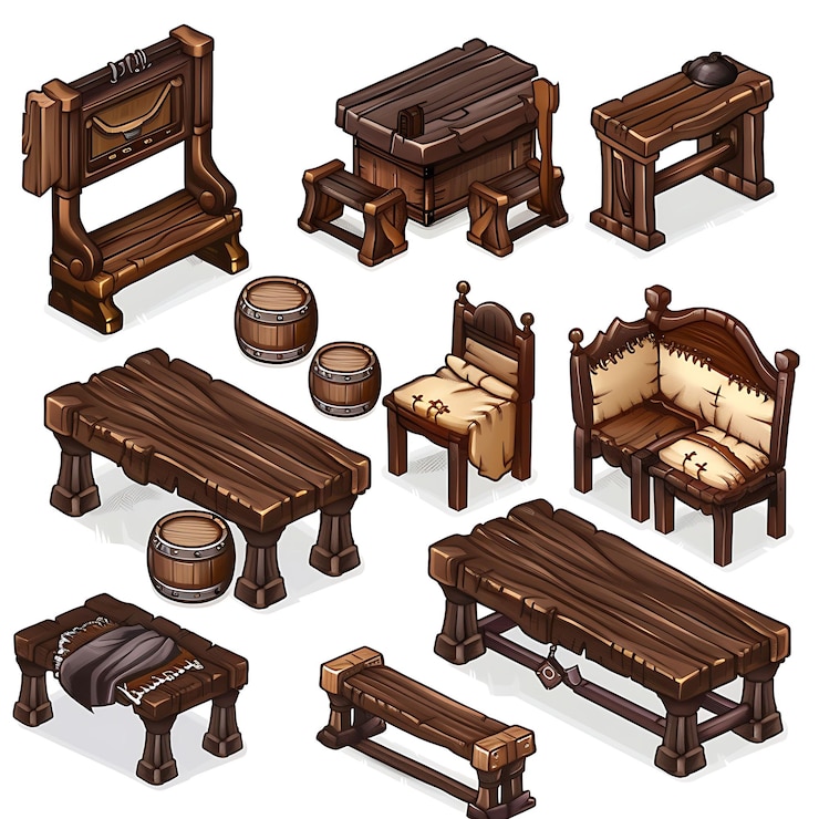 Foto fantasy medieval tavern móveis conjunto com madeira escura e lea ilustração móveis ativos do jogo