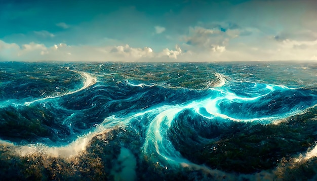Fantasy-Meereslandschaft mit schönen Wellen und Schaum Schaum auf den Wellen des Wassers Draufsicht auf die Wellen des Ozeans Taube Wasser Hintergrund 3D-Darstellung