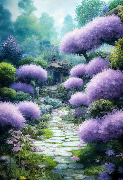 Fantasy Misty Lilac Garden im japanischen Stil gepflasterte Gehwege Landschaftsgestaltung digitale Illustration