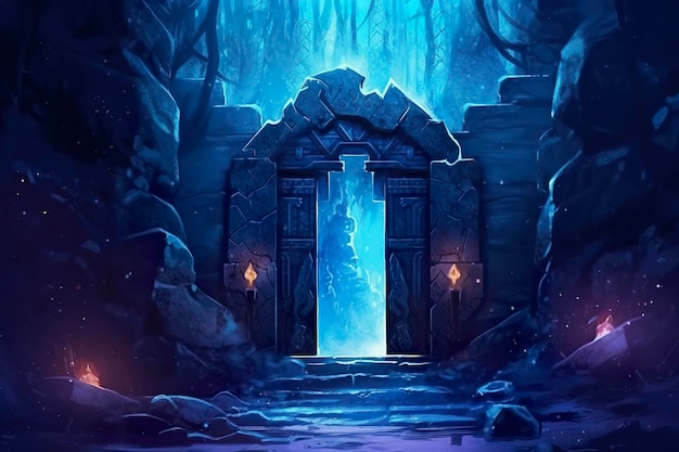 Fantasy-Nachtlandschaft mit magischer Kraft alte Steine mit magischer Macht und Licht Runen Durchgang zu einer anderen Welt magische Tür Neonlicht KI Generativ