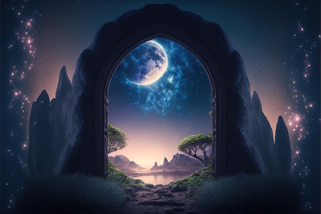 Fantasy-Nachtlandschaft mit verzaubertem Elfentor in eine andere Dimension